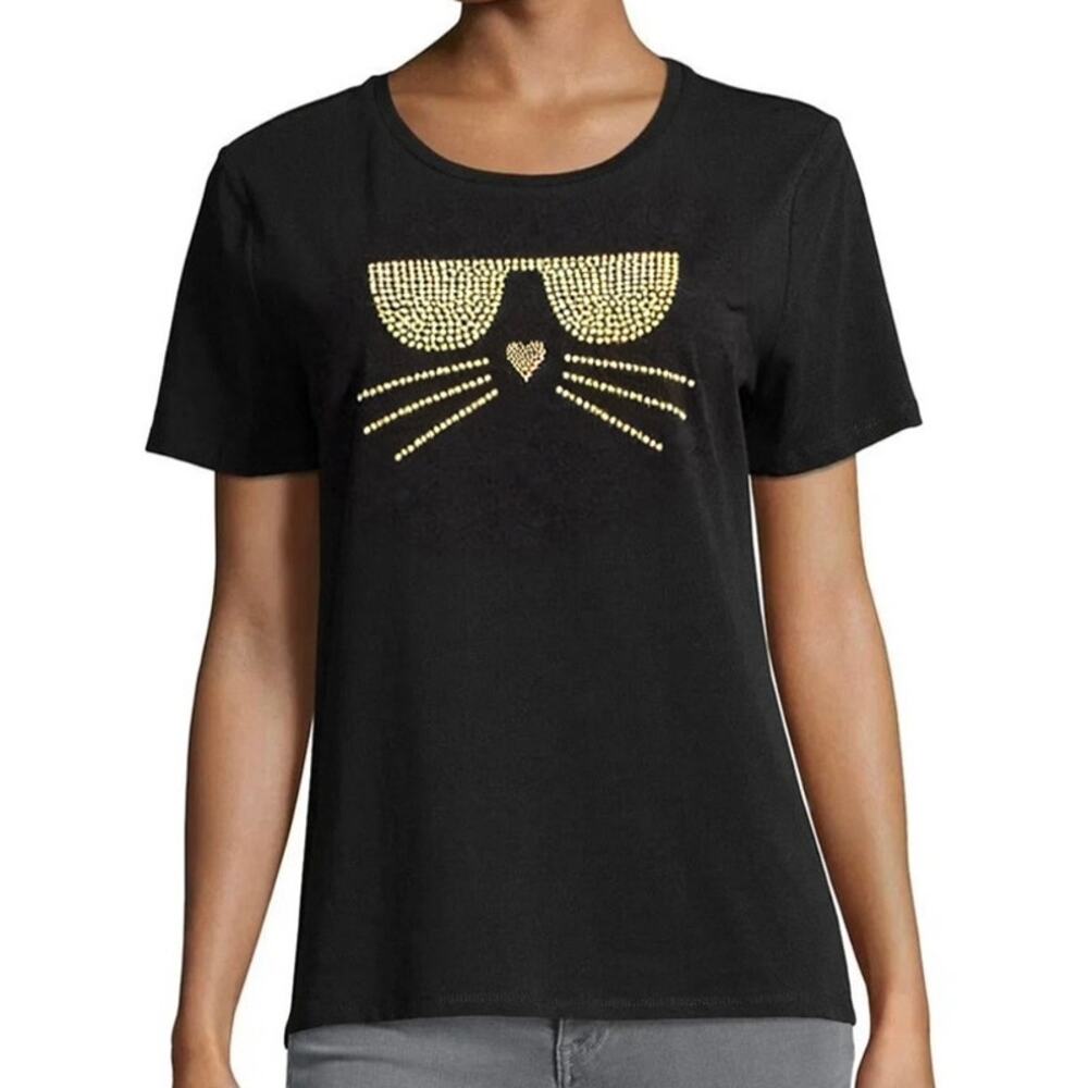 Karl Lagerfeld Paris Gold Studded Choupette Whisker Cat Logo Tee size Small